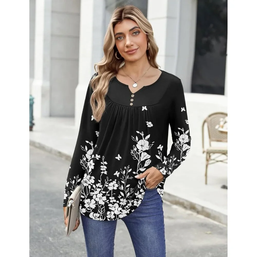 Women's Long Sleeve V Neck Top Casual Blouse for Fall Winter Work - Picture 3 of 5